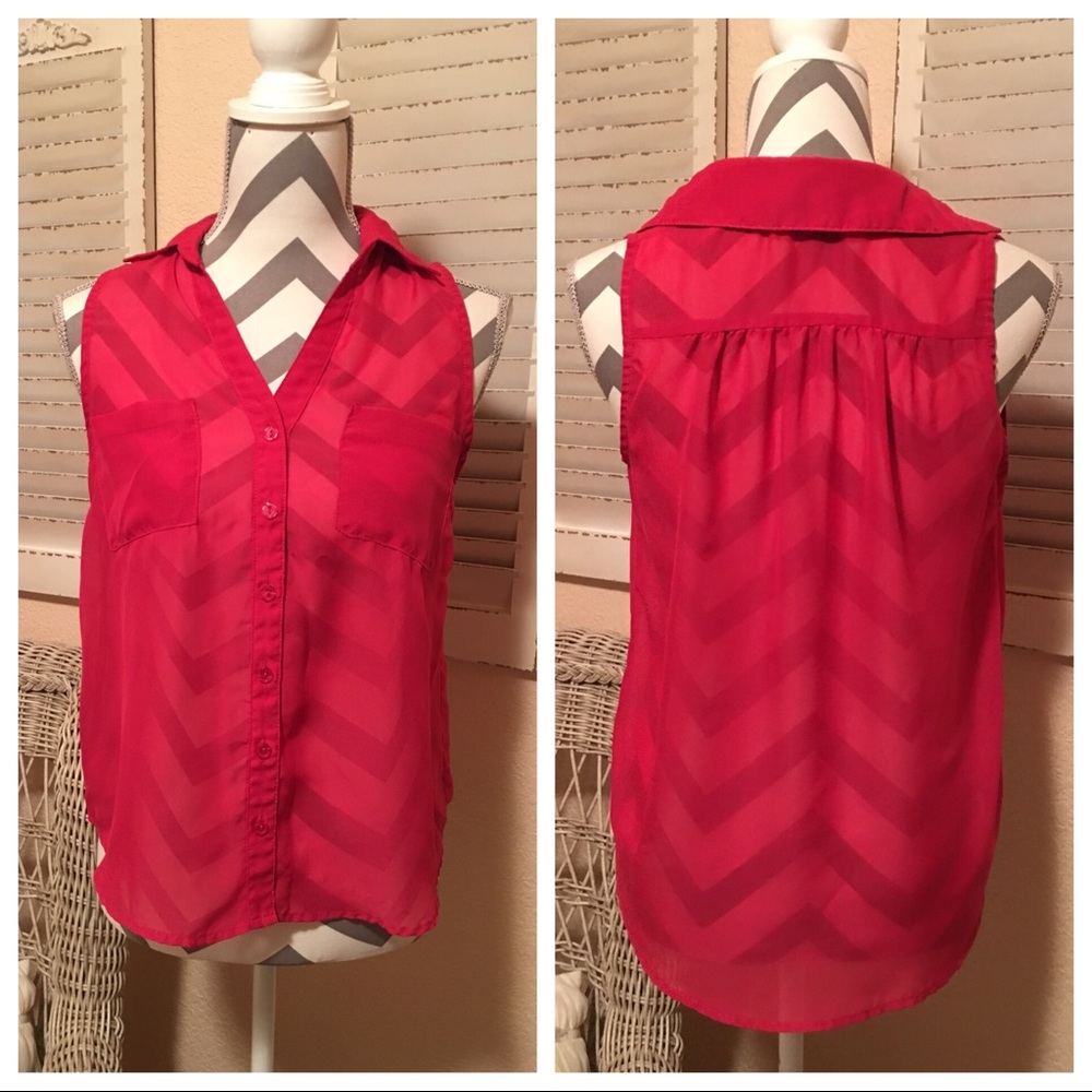 Chiffon Hot Pink Vneck Sleeveless Blouse wPockets